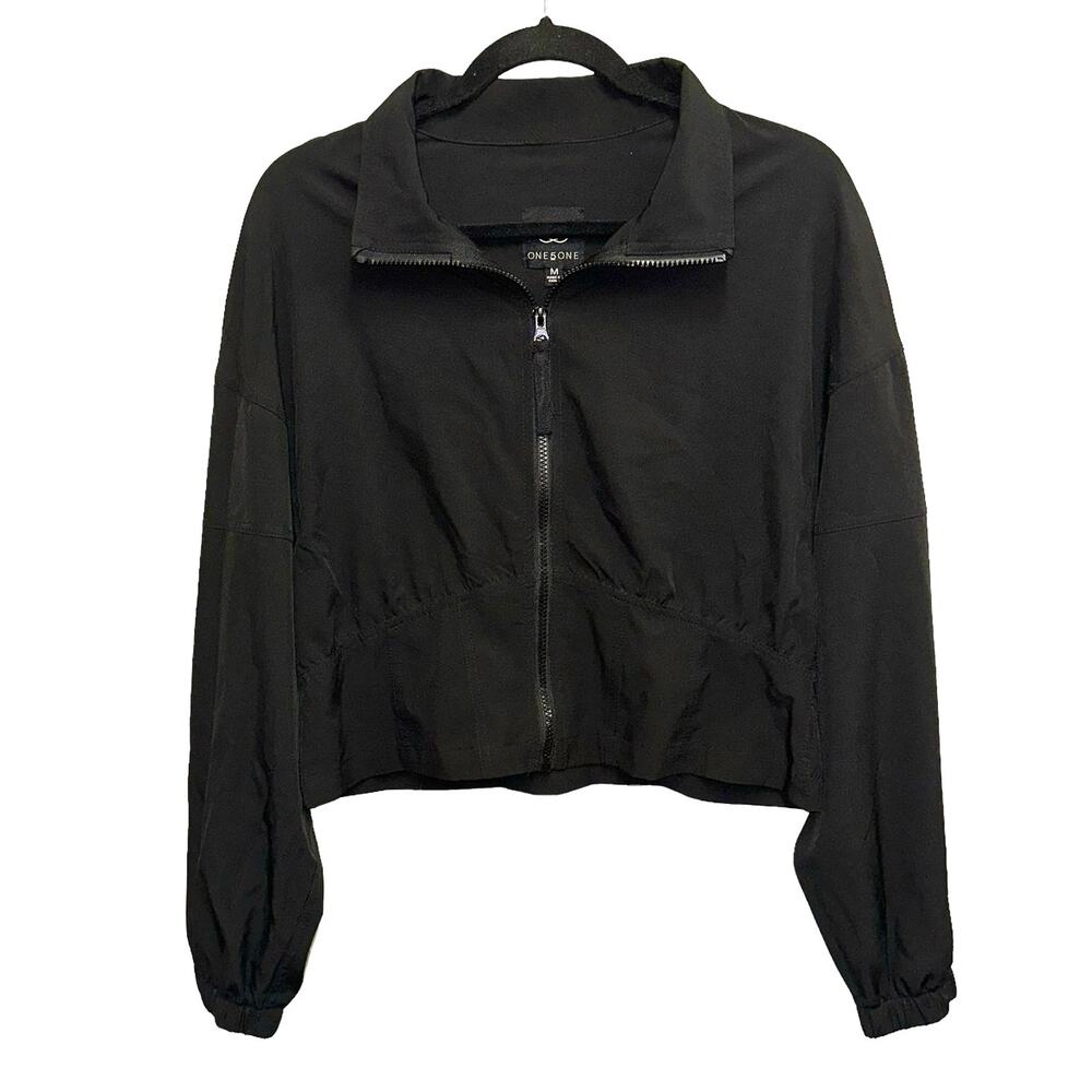 One 5 One Cropped Zip Up Jacket Medium Black Lightweight Windbreaker Elastic Hem